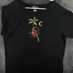 Bob Mackie Wearable Art T-shirt Size 1X Plus Black Monkey Tree Embroidery Beach